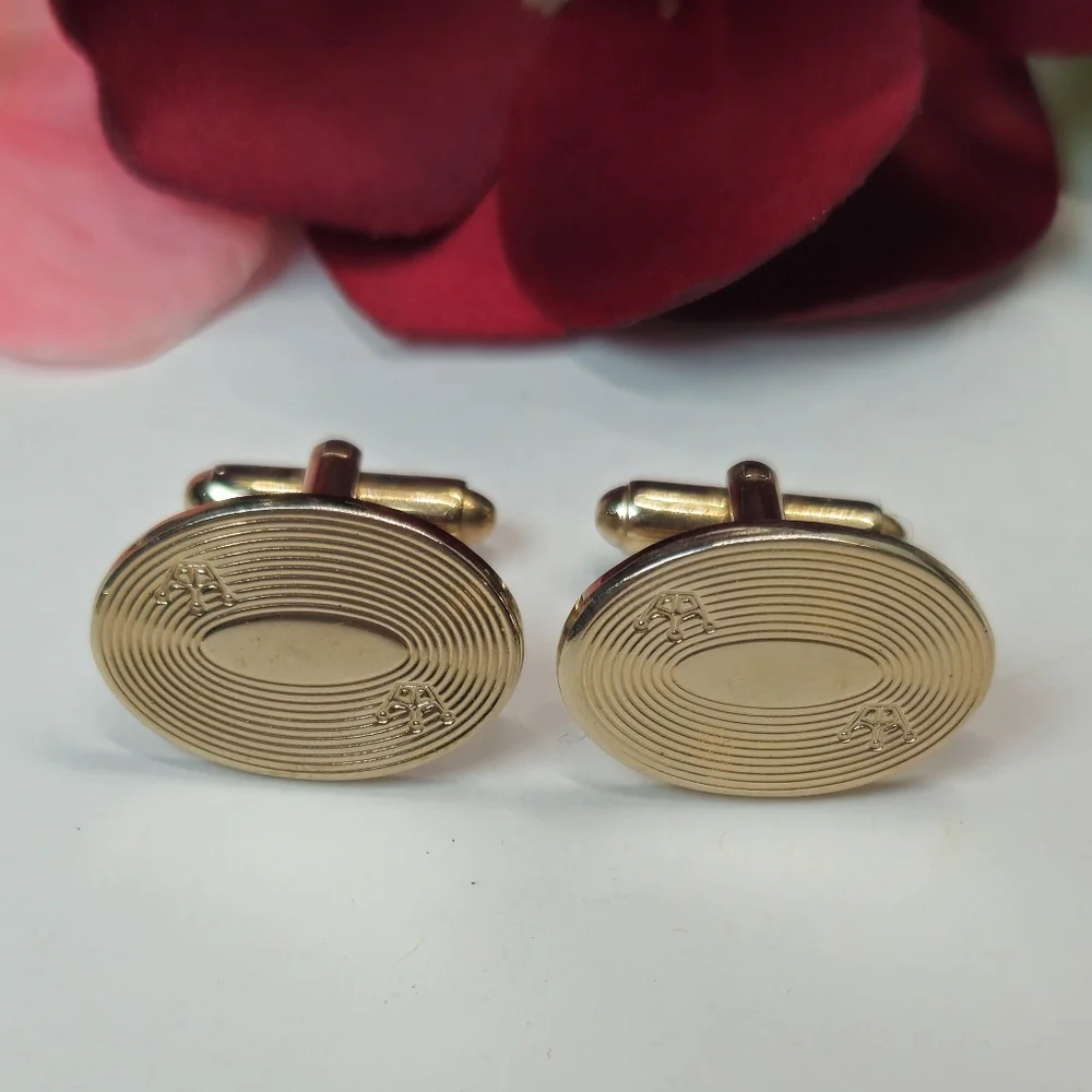 Vintage Gold Plated Oval Etched Crown Cuff Links